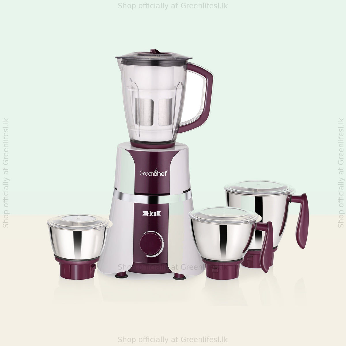 GreenChef Flen Plus 1HP mixer grinder with juicer jar and 3 stainless steel jars, white and plum body