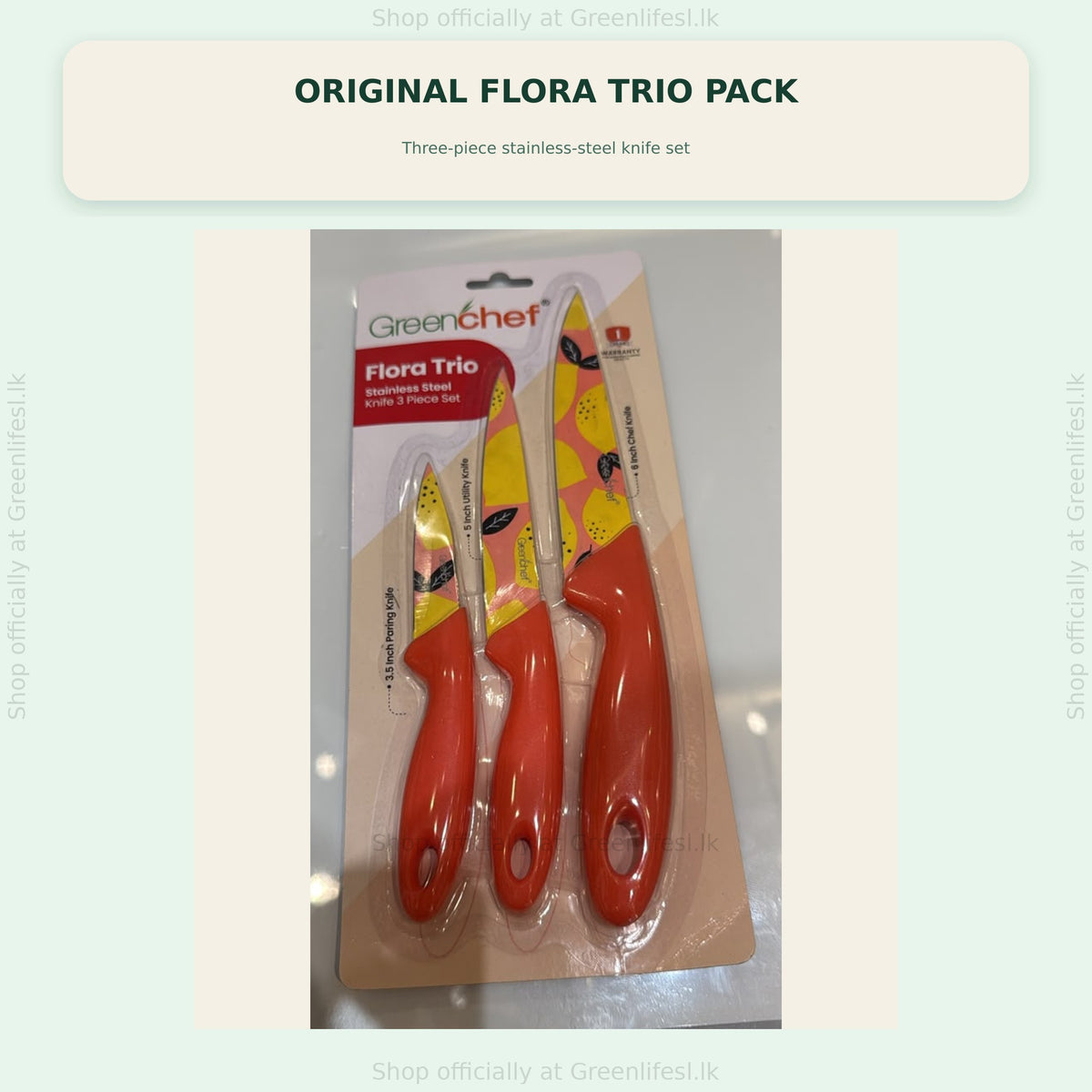 GreenChef Flora Trio 3-piece knife set in its original retail blister pack
