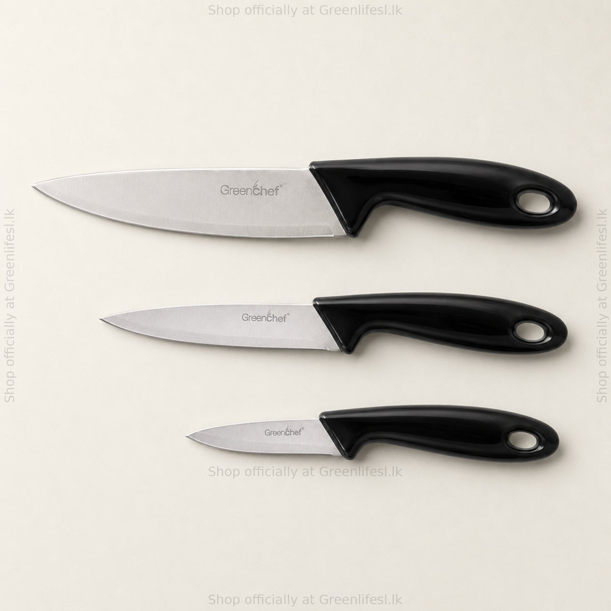 GreenChef 3-piece kitchen knife set, black, laid flat from chef knife to paring knife