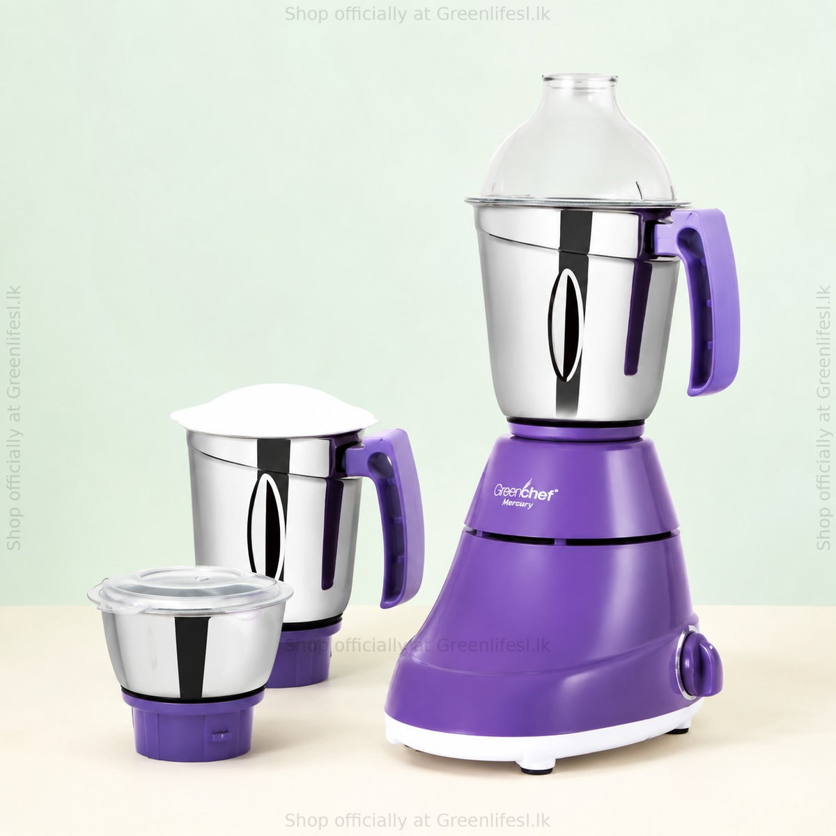 GreenChef Mercury 1HP mixer grinder with 3 jars at an angle, GreenChef logo on the purple base