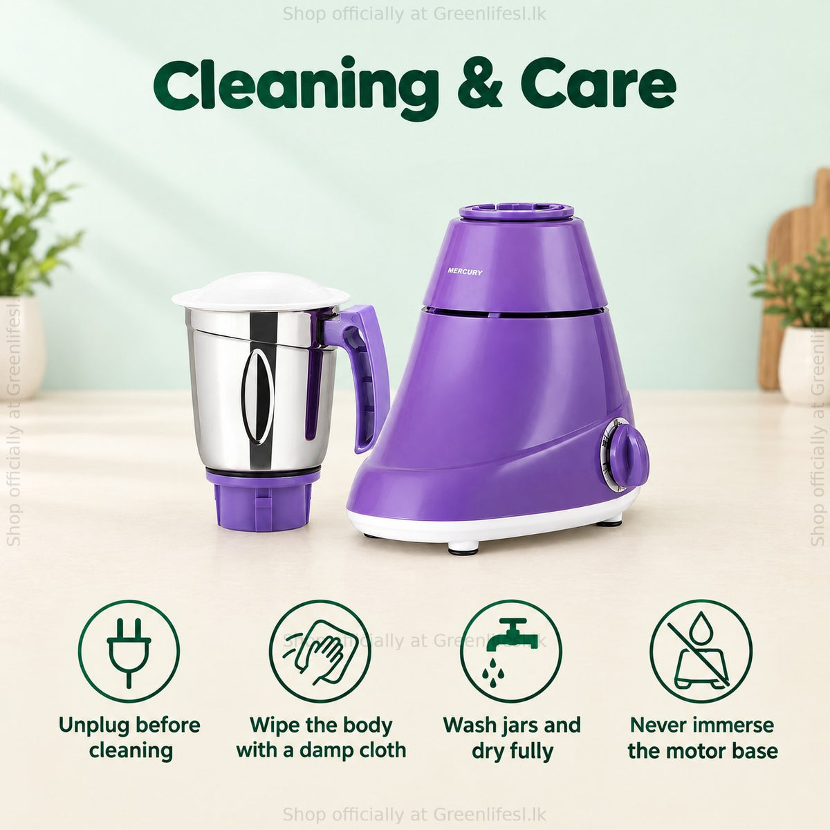 GreenChef Mercury 1HP mixer grinder care: unplug, wipe the body, wash and dry jars, never immerse the motor base