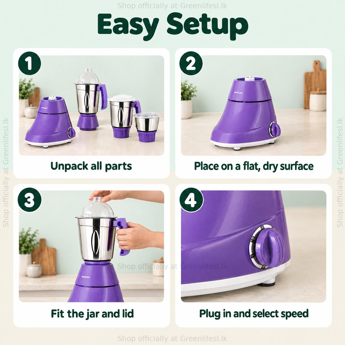GreenChef Mercury 1HP mixer grinder setup: unpack, flat dry surface, fit jar and lid, plug in and select speed