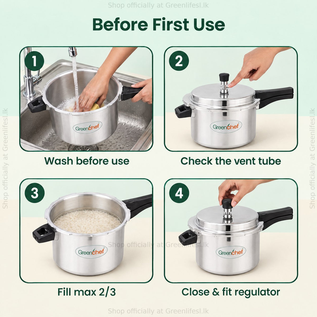 GreenChef Namo 3L pressure cooker before first use: wash, check the vent tube, fill max 2/3, fit regulator