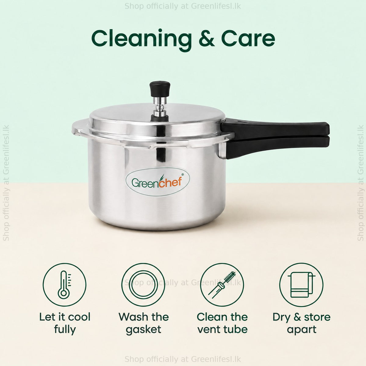 GreenChef Namo 3L pressure cooker care: cool fully, wash the gasket, clean the vent tube, store apart