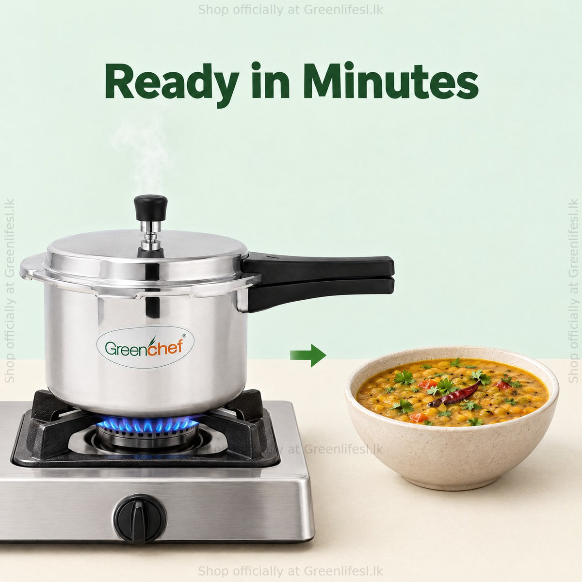 GreenChef Namo 3L pressure cooker on a gas flame, dal ready in minutes