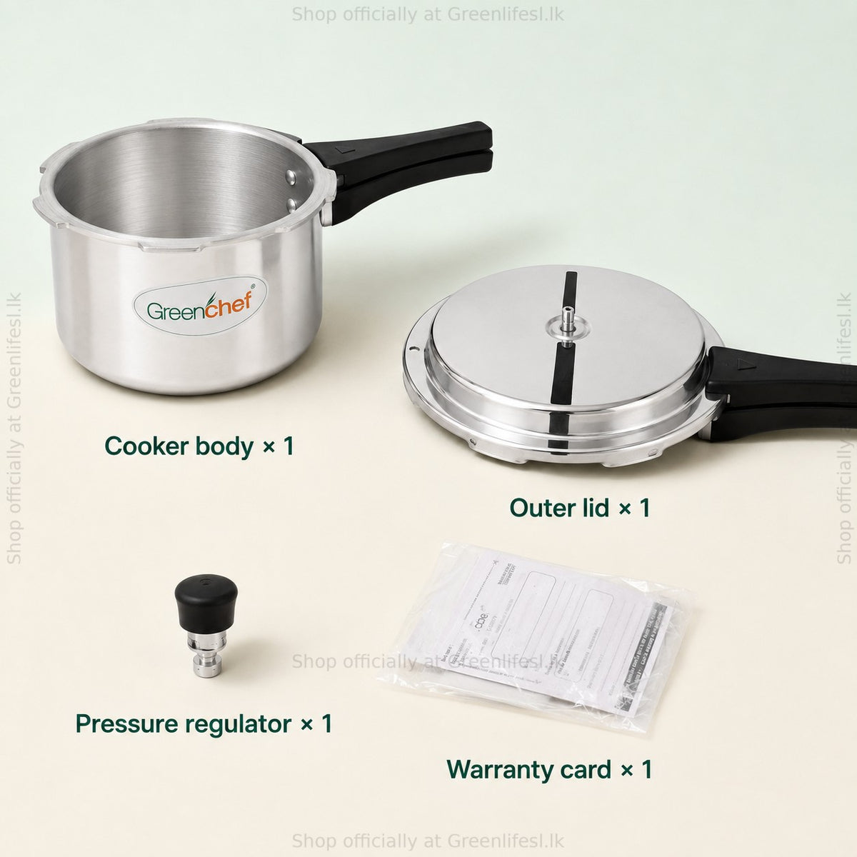 GreenChef Namo 3L pressure cooker, what's included: cooker body, outer lid, pressure regulator, warranty card