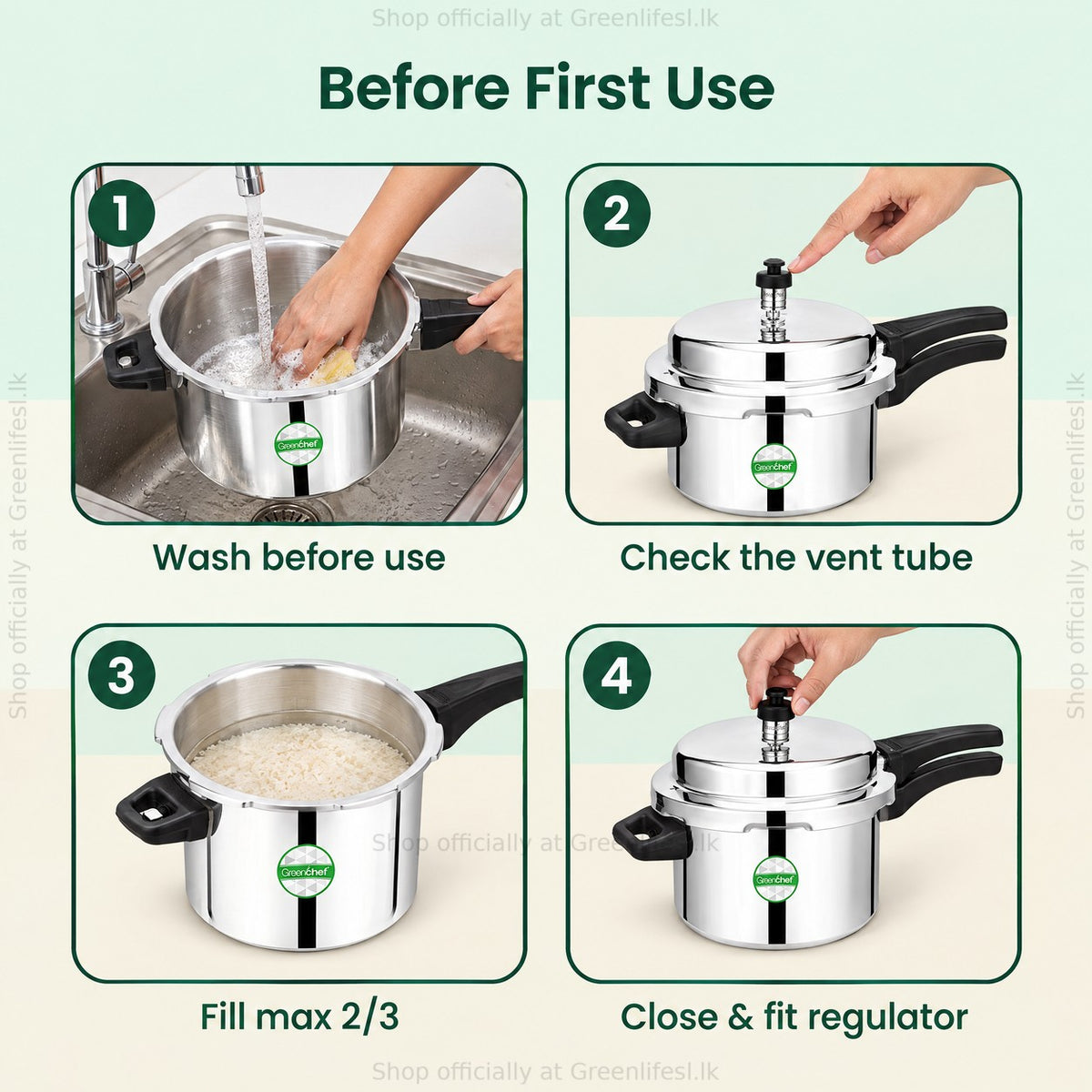 GreenChef Namo 5L pressure cooker before first use: wash, check the vent tube, fill max 2/3, fit regulator