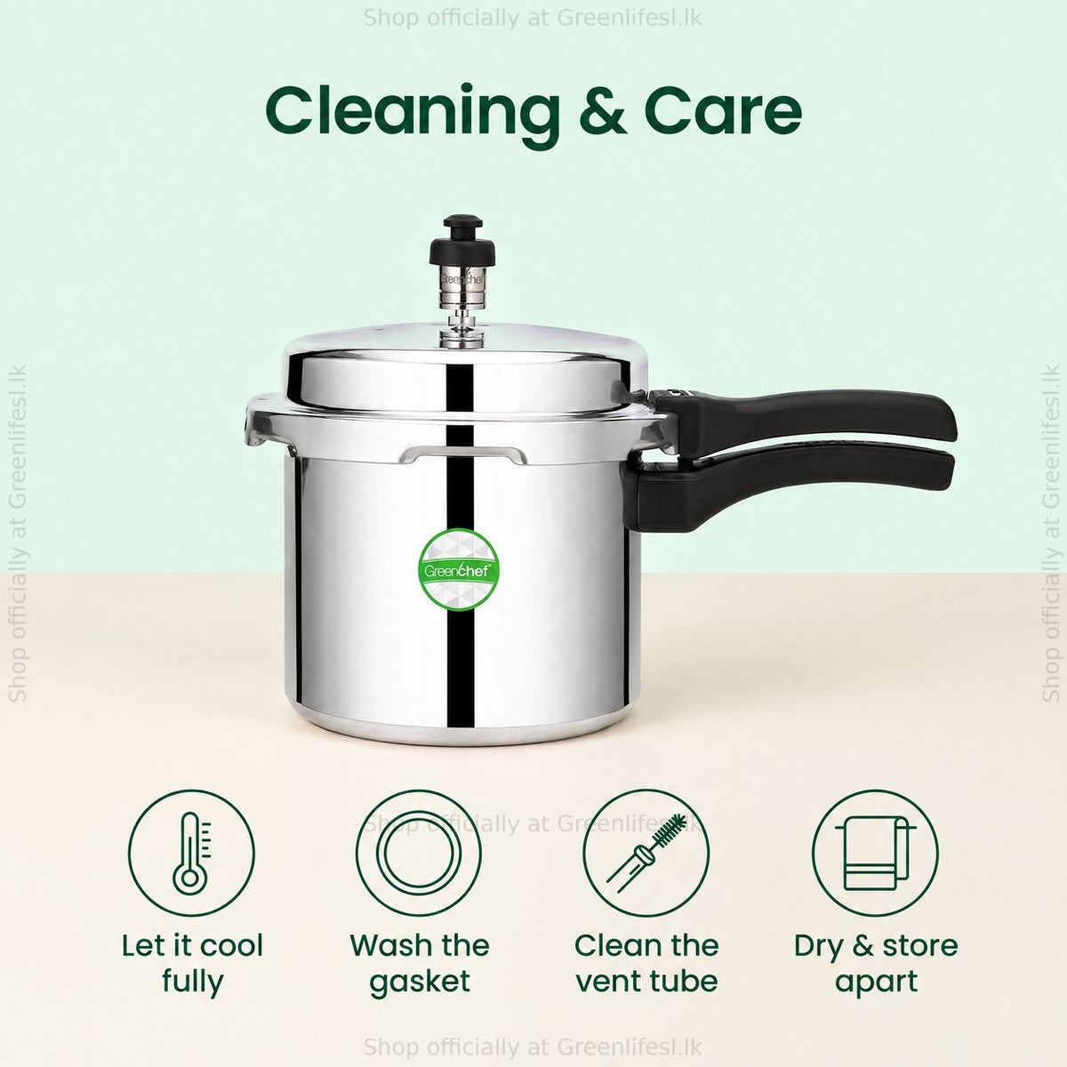 GreenChef Namo 5L pressure cooker care: cool fully, wash the gasket, clean the vent tube, store apart