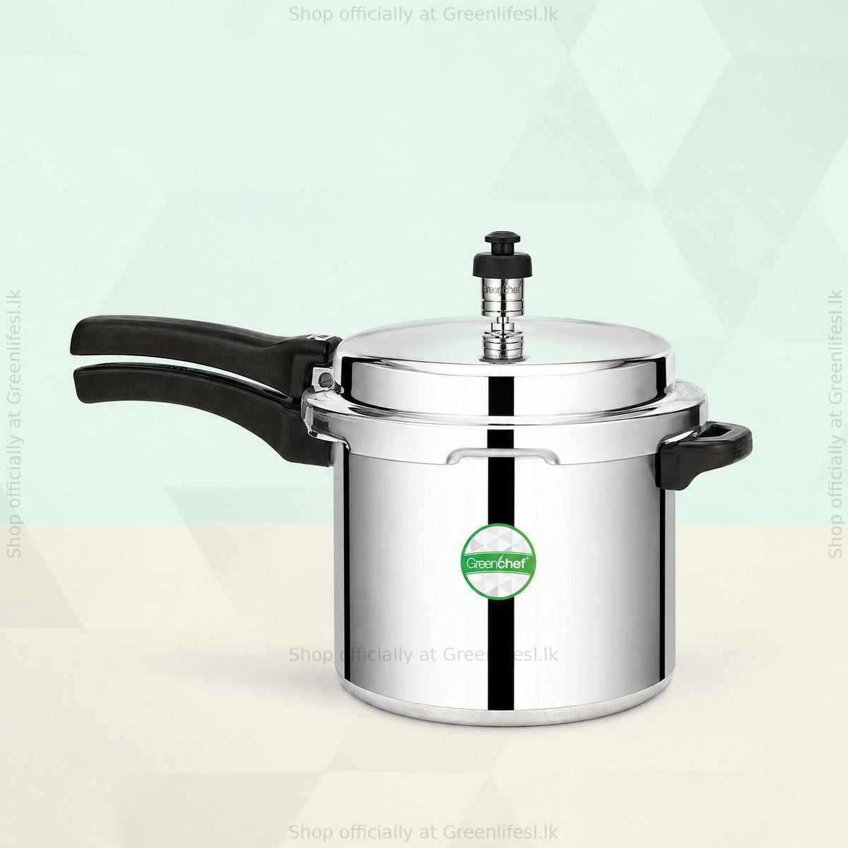 GreenChef Namo 5L pressure cooker from the front showing the long handle and side grip