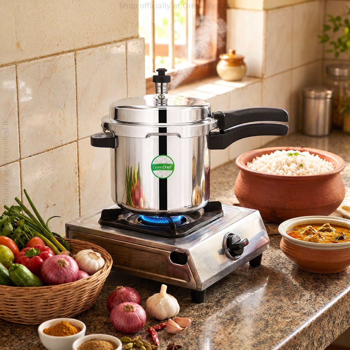GreenChef Namo 5L pressure cooker steaming on a gas stove with rice and curry on the counter