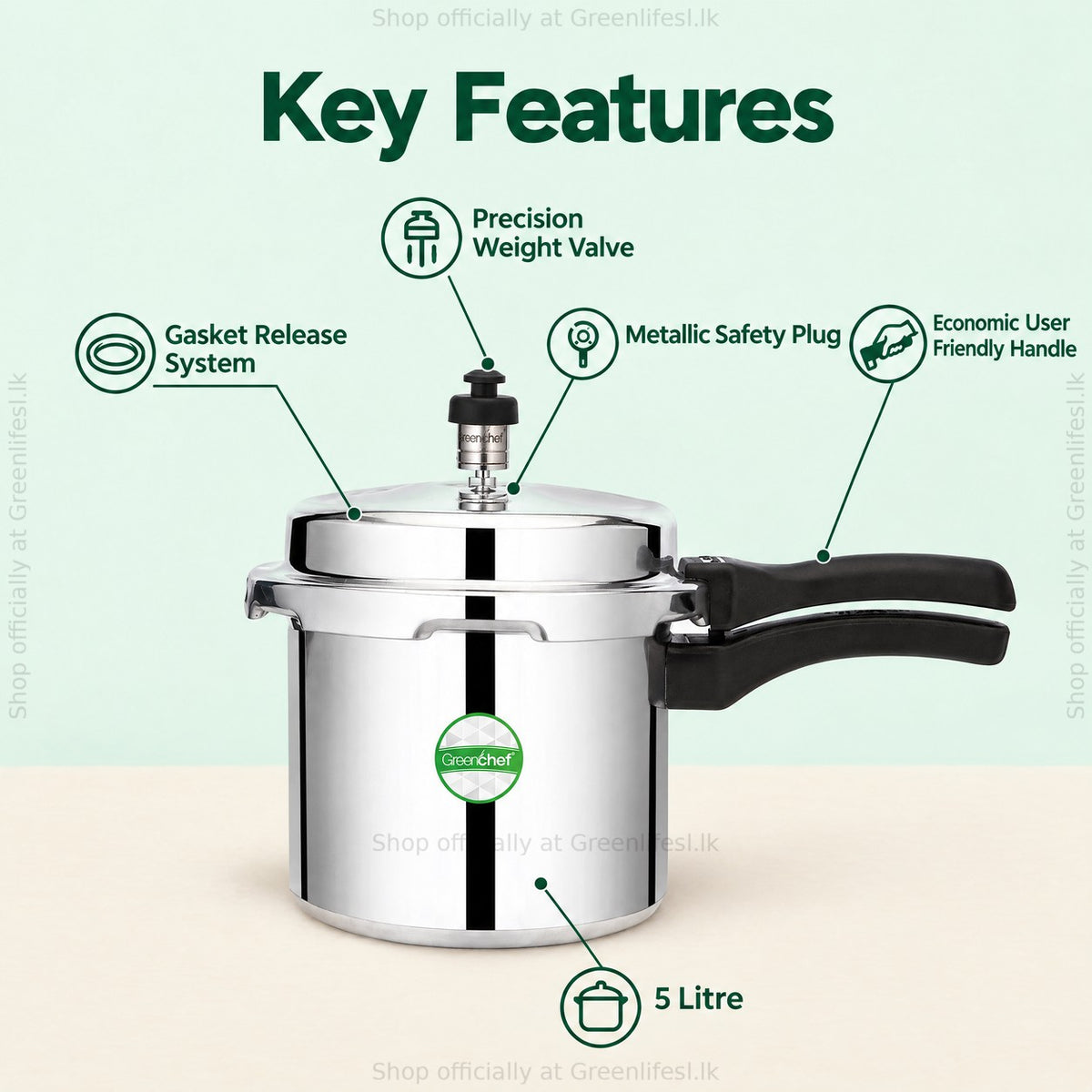 GreenChef Namo 5L pressure cooker features: precision weight valve, gasket release system, metallic safety plug