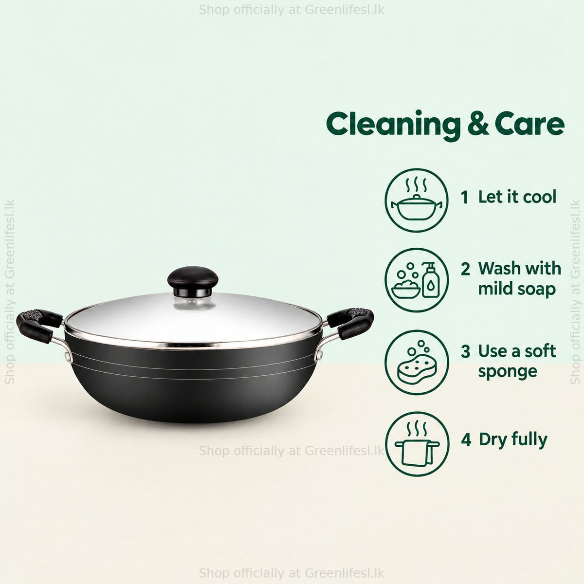 GreenChef Namo kadai 230mm care: let it cool, wash with mild soap, soft sponge, dry fully