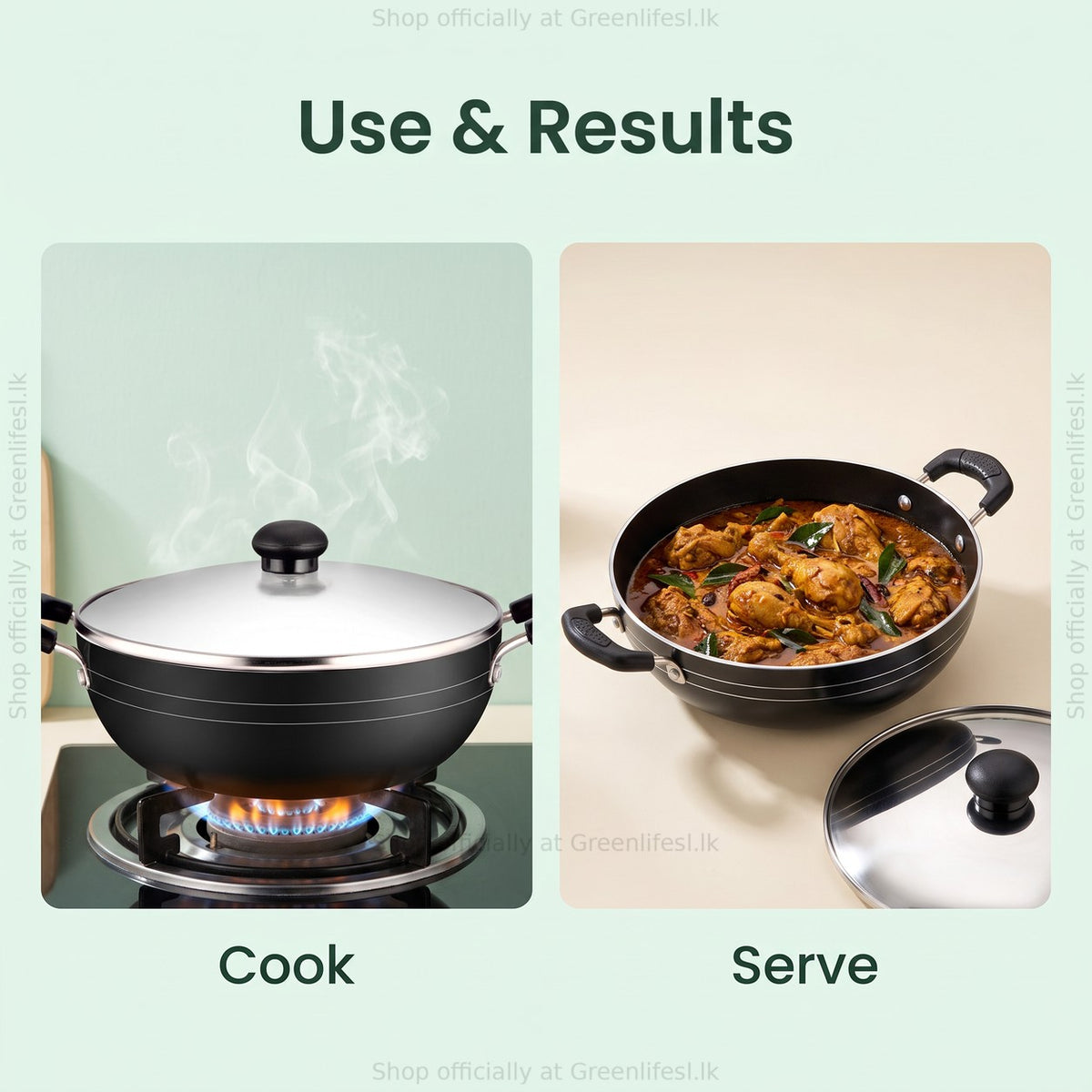 GreenChef Namo kadai 230mm cooking on a gas flame, then serving chicken curry