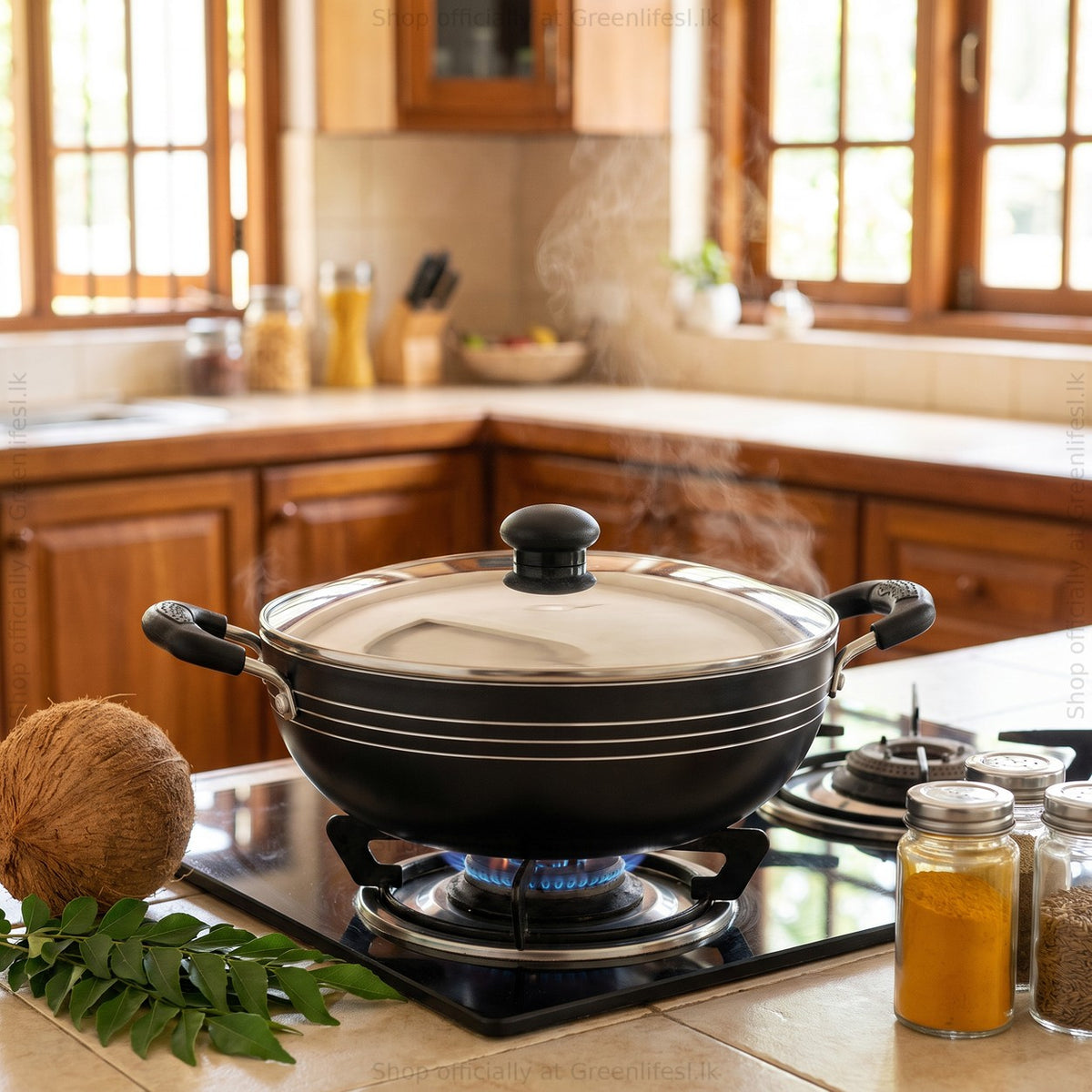 GreenChef Namo kadai 230mm with stainless steel lid steaming on a gas hob in a home kitchen