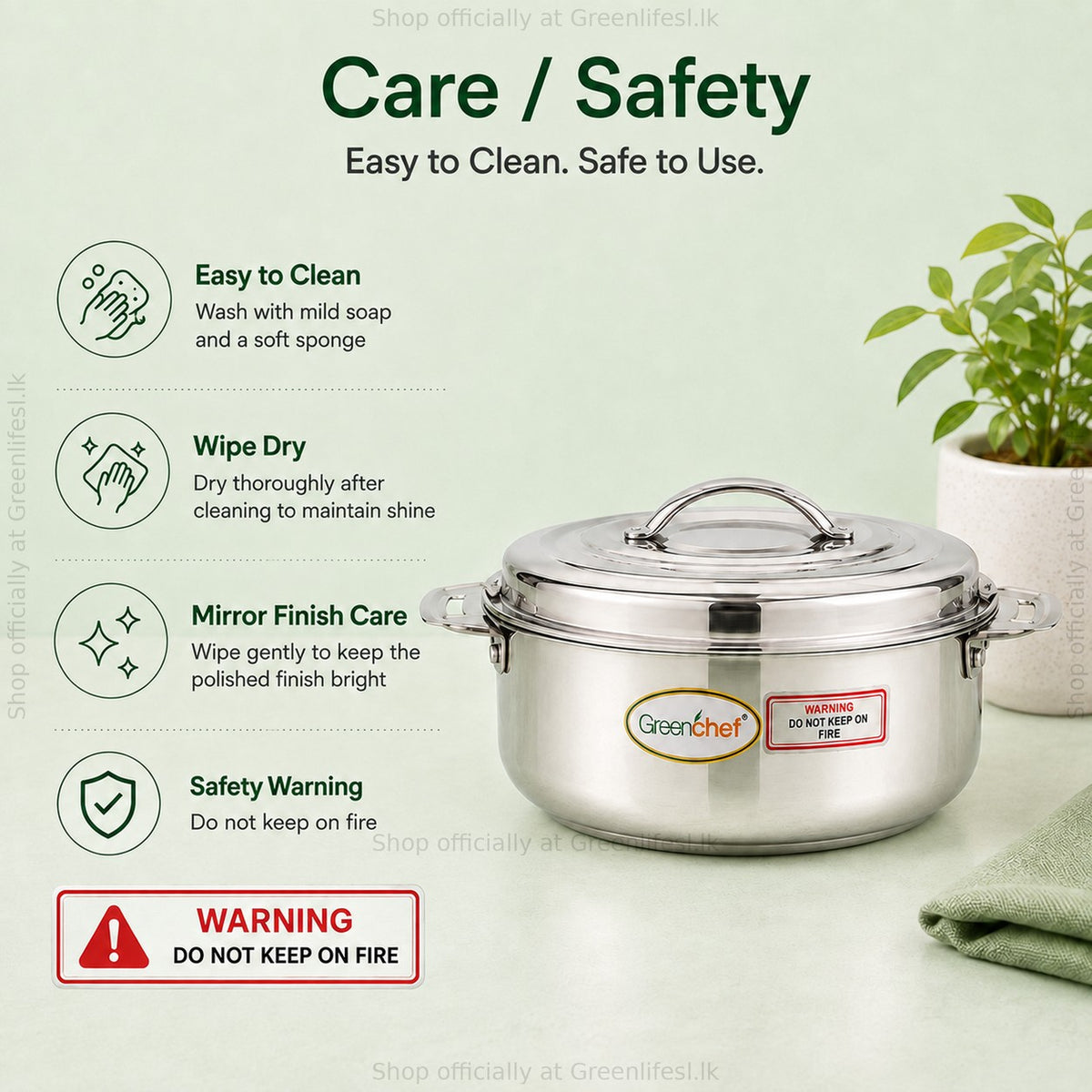 GreenChef Platina casserole care: mild soap and soft sponge, wipe dry, keep the mirror finish, do not keep on fire