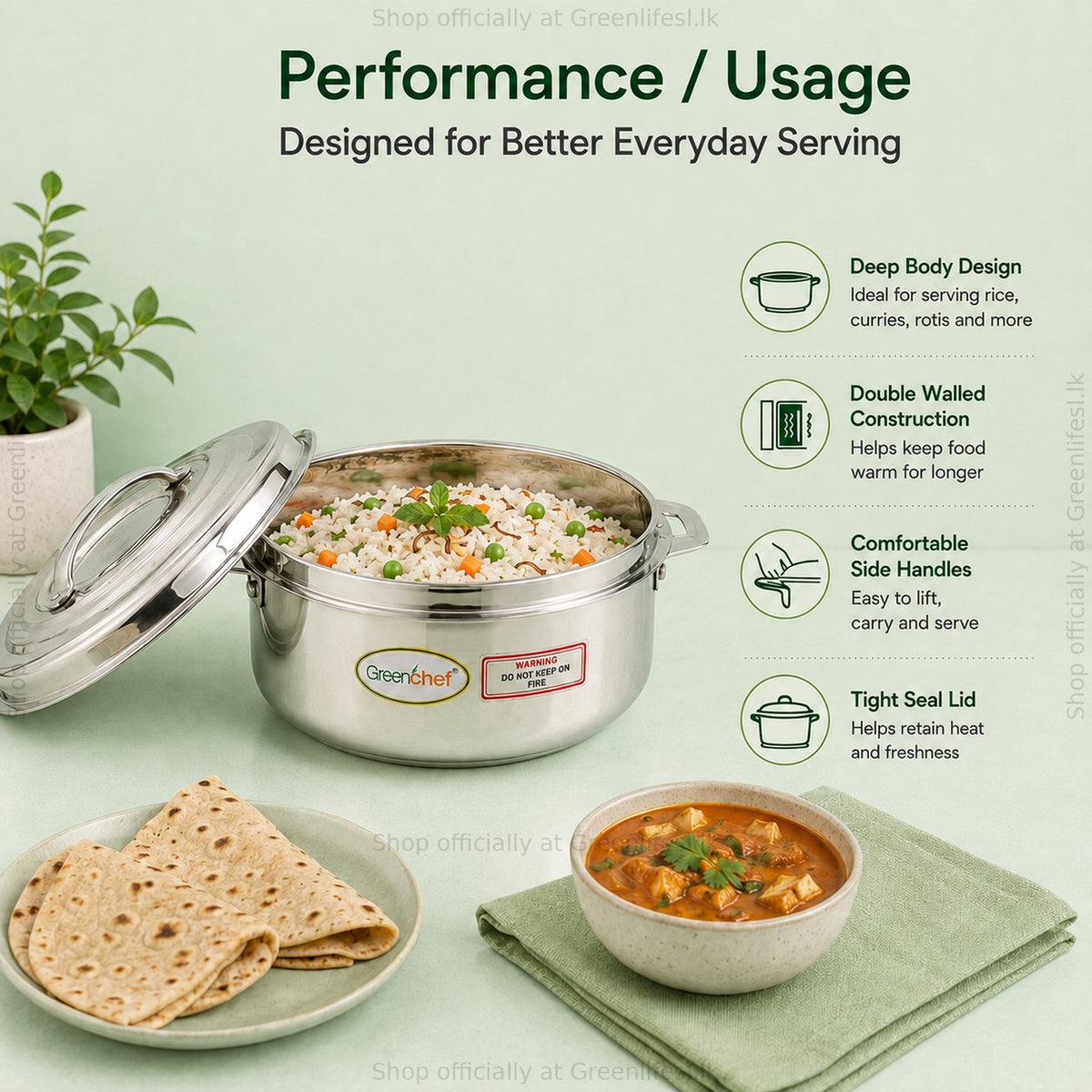 GreenChef Platina casserole for everyday serving: deep body, double walled, comfortable handles, tight seal lid