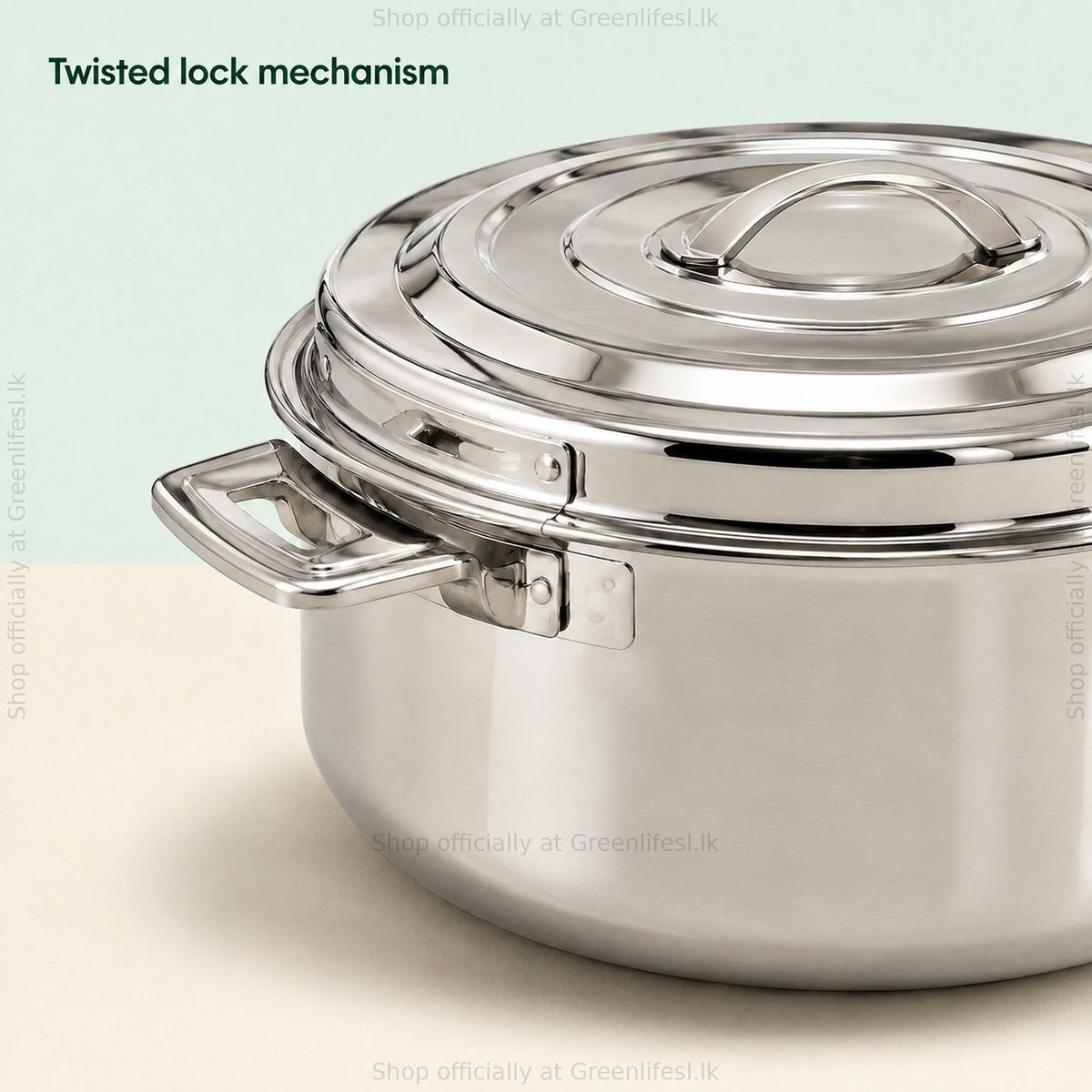 GreenChef Platina stainless steel casserole twisted lock mechanism close-up