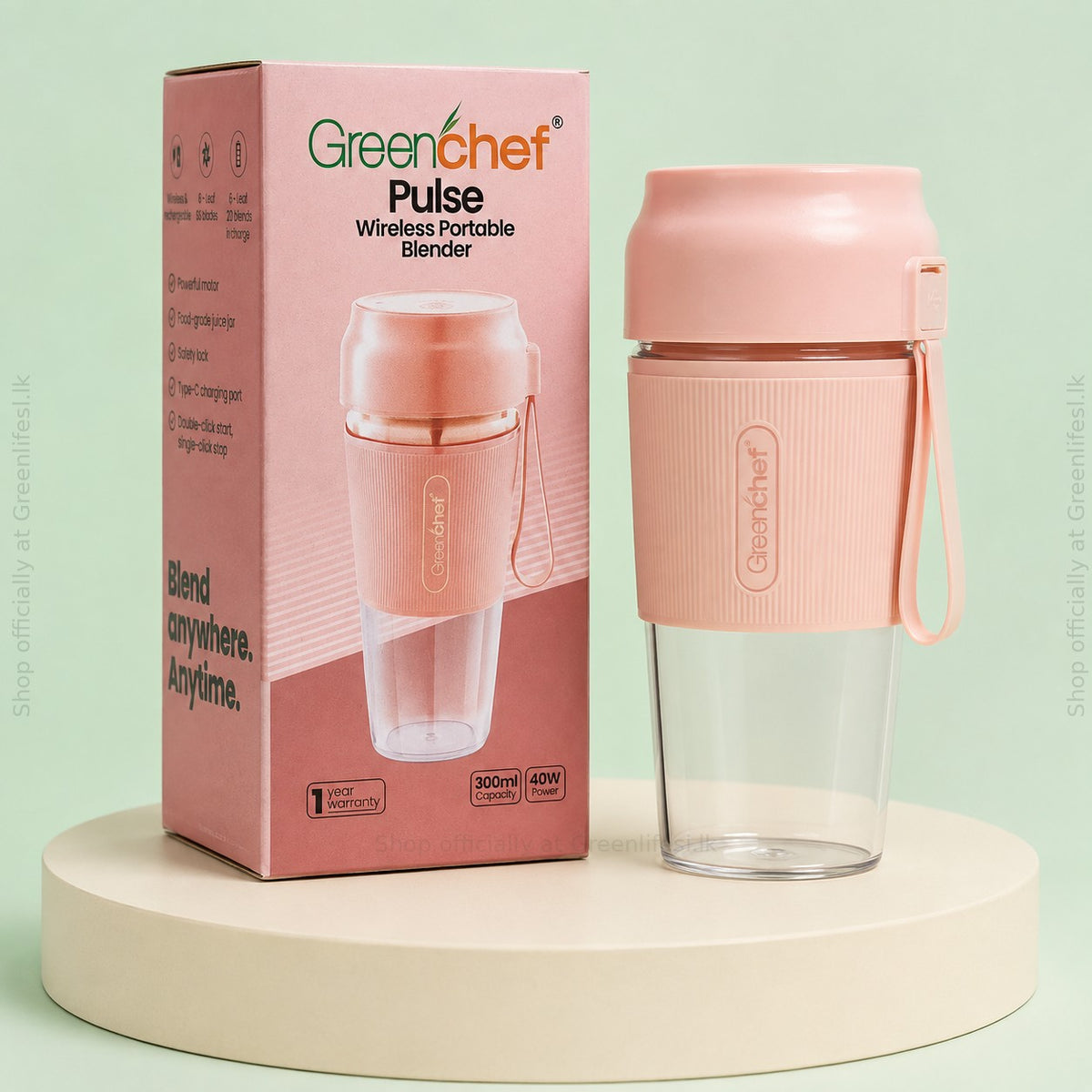 GreenChef Pulse wireless portable blender 300ml beside its pink retail box
