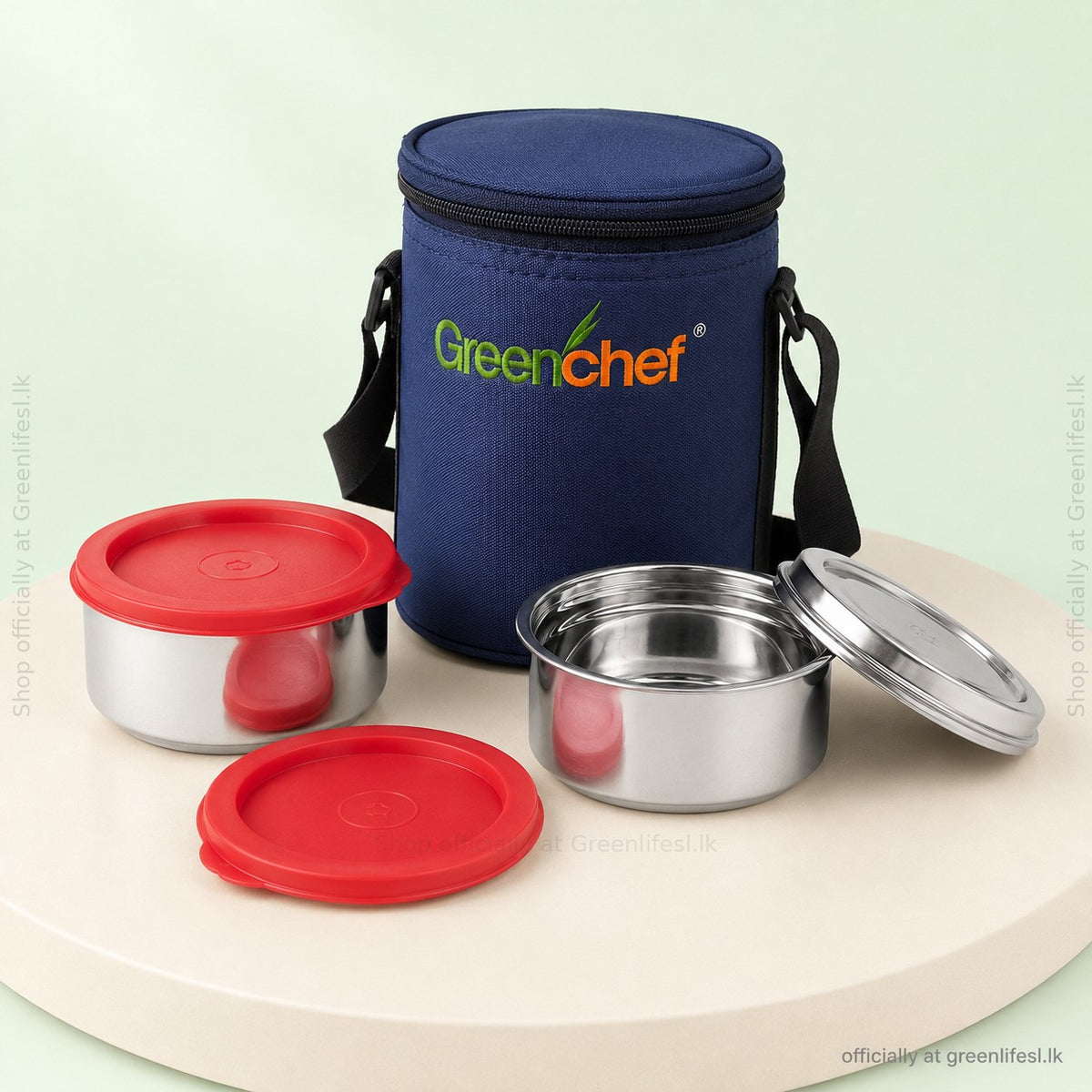 GreenChef Sizzle insulated lunch box 2 x 350ml from another angle with red lid and steel lid