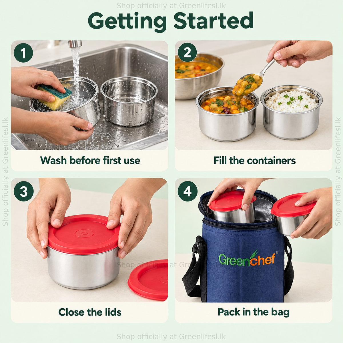 GreenChef Sizzle insulated lunch box getting started: wash, fill the containers, close the lids, pack in the bag