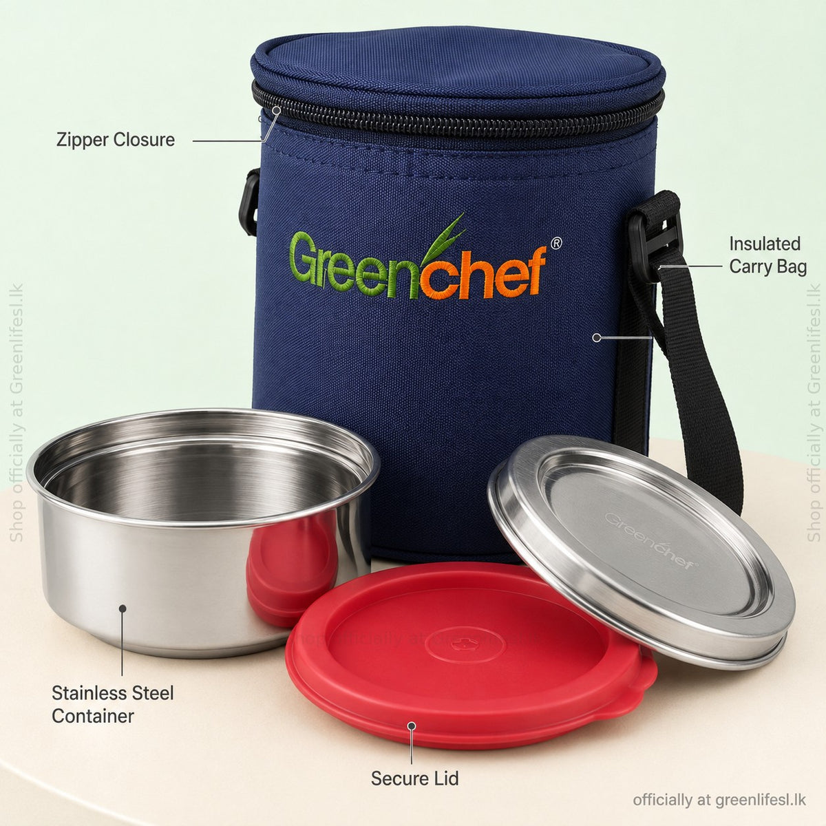 GreenChef Sizzle insulated lunch box close-up: zipper closure, insulated carry bag, steel container and secure lid
