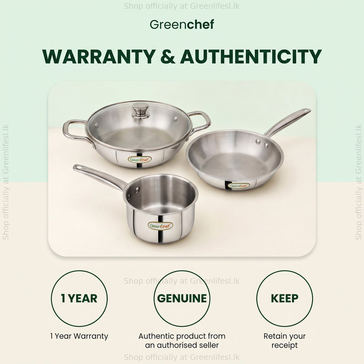 GreenChef Steel Crest tri-ply cookware warranty card: 1 year warranty, authentic product, retain your receipt