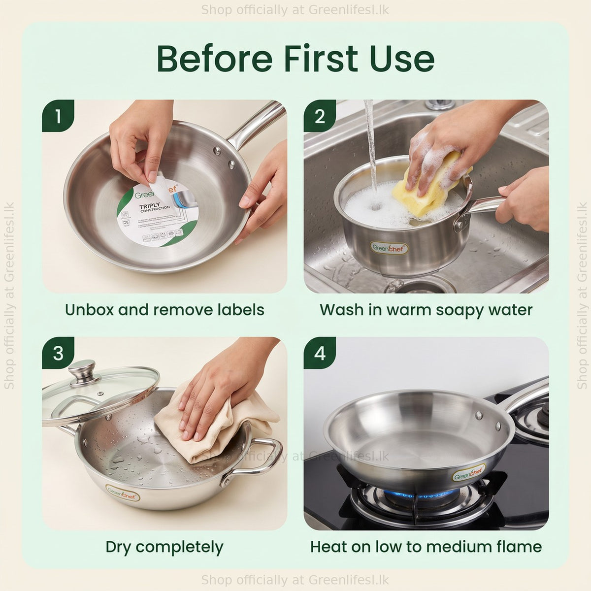 GreenChef Steel Crest tri-ply cookware before first use: remove labels, wash, dry, heat on low to medium flame