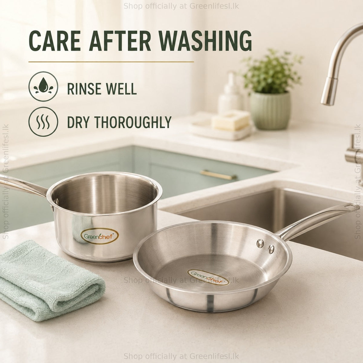 GreenChef Steel Crest tri-ply cookware care after washing: rinse well and dry thoroughly