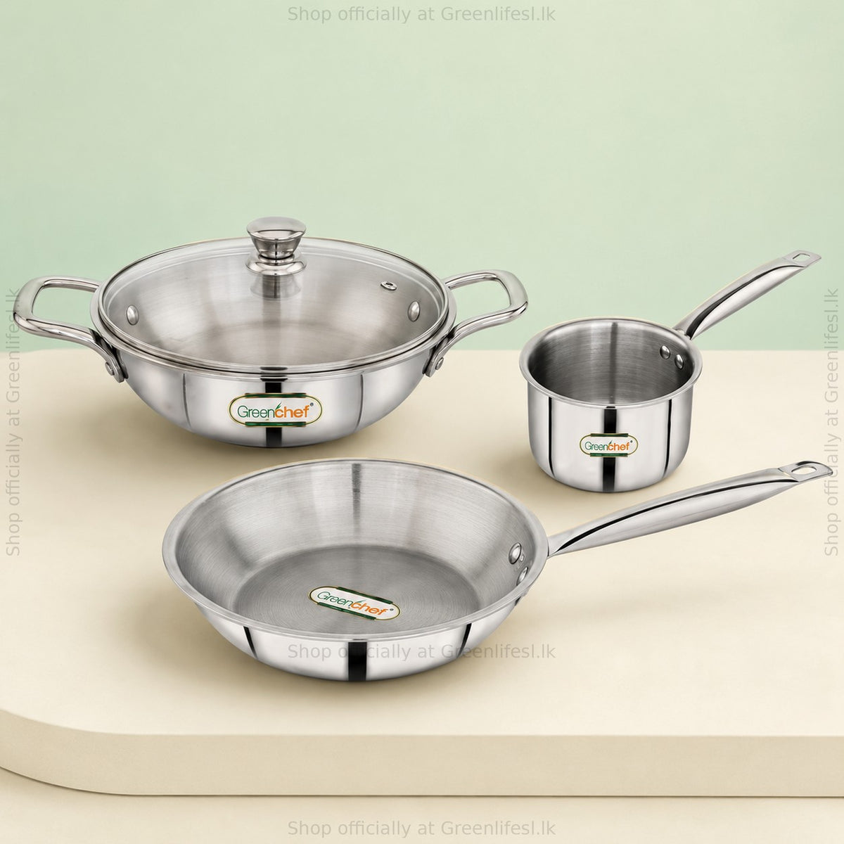 GreenChef Steel Crest tri-ply cookware set: kadai with glass lid, fry pan and saucepan