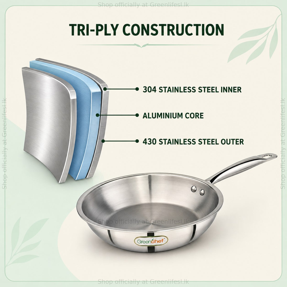 GreenChef Steel Crest tri-ply construction: 304 stainless steel inner, aluminium core, 430 stainless steel outer