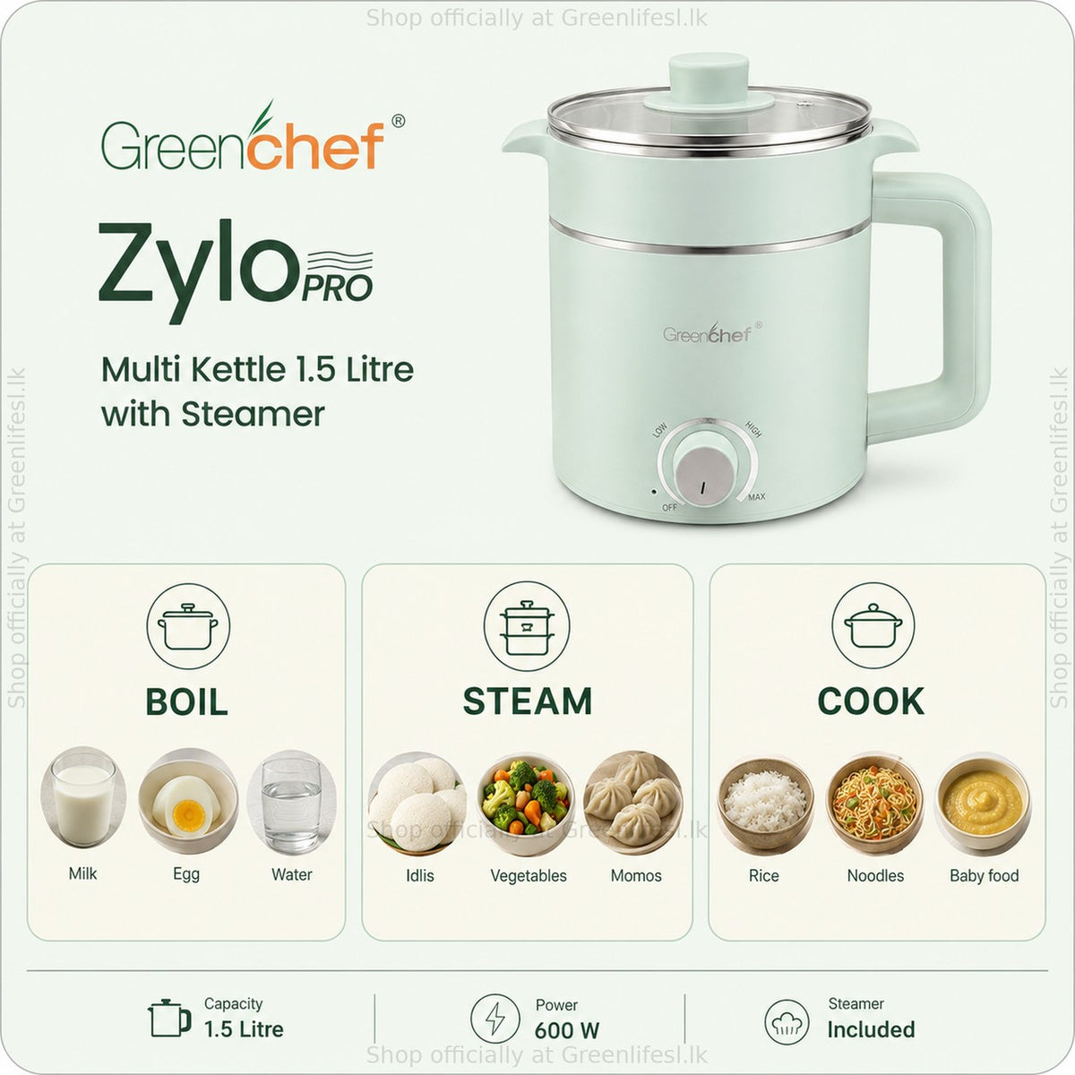 GreenChef Zylo Pro 1.5L multi kettle to boil, steam and cook: milk, eggs, idlis, momos, rice and noodles