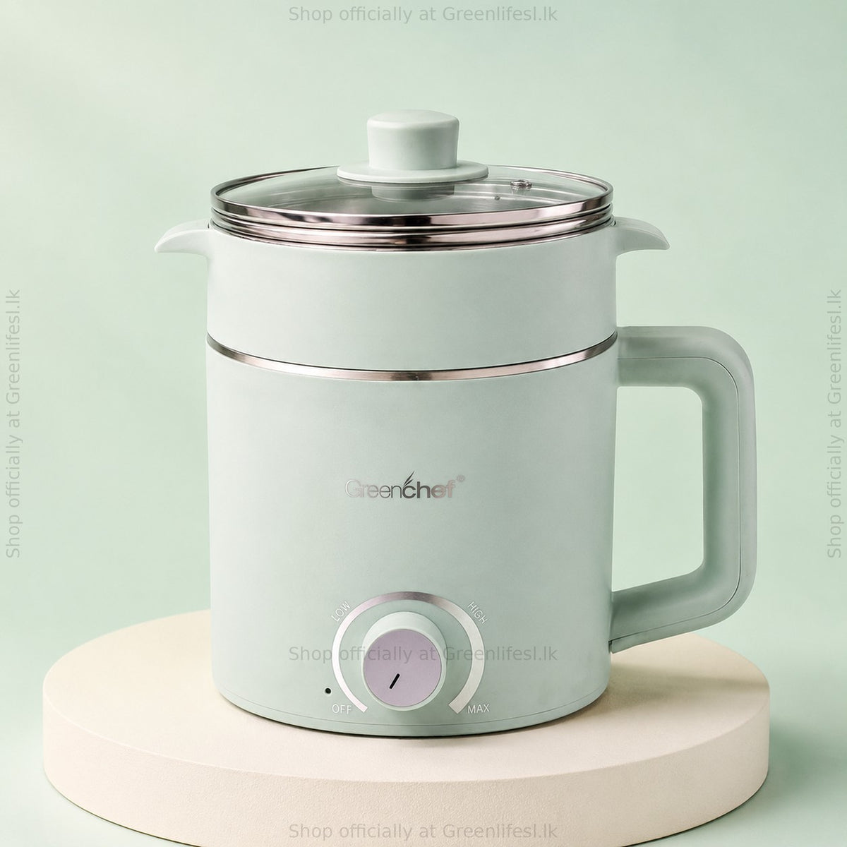 GreenChef Zylo Pro 1.5L multi kettle in mint green with steamer tier and glass lid