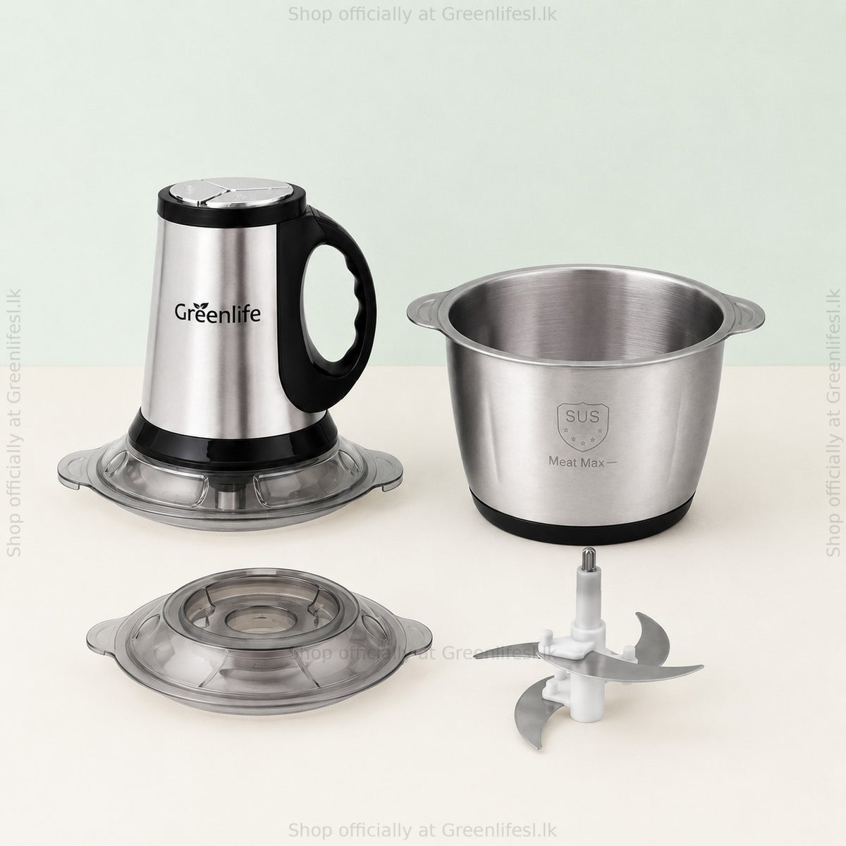 Greenlife 300W 2L electric food chopper parts: motor head, stainless steel bowl, clear lid and blade