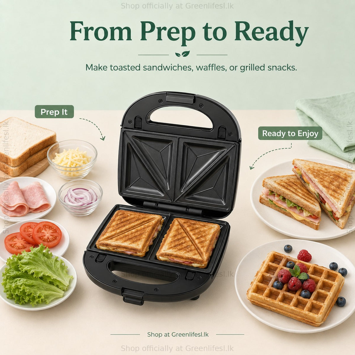 Greenlife 3-in-1 sandwich, waffle and grill maker 750W from prep to ready: toasted sandwiches and waffles