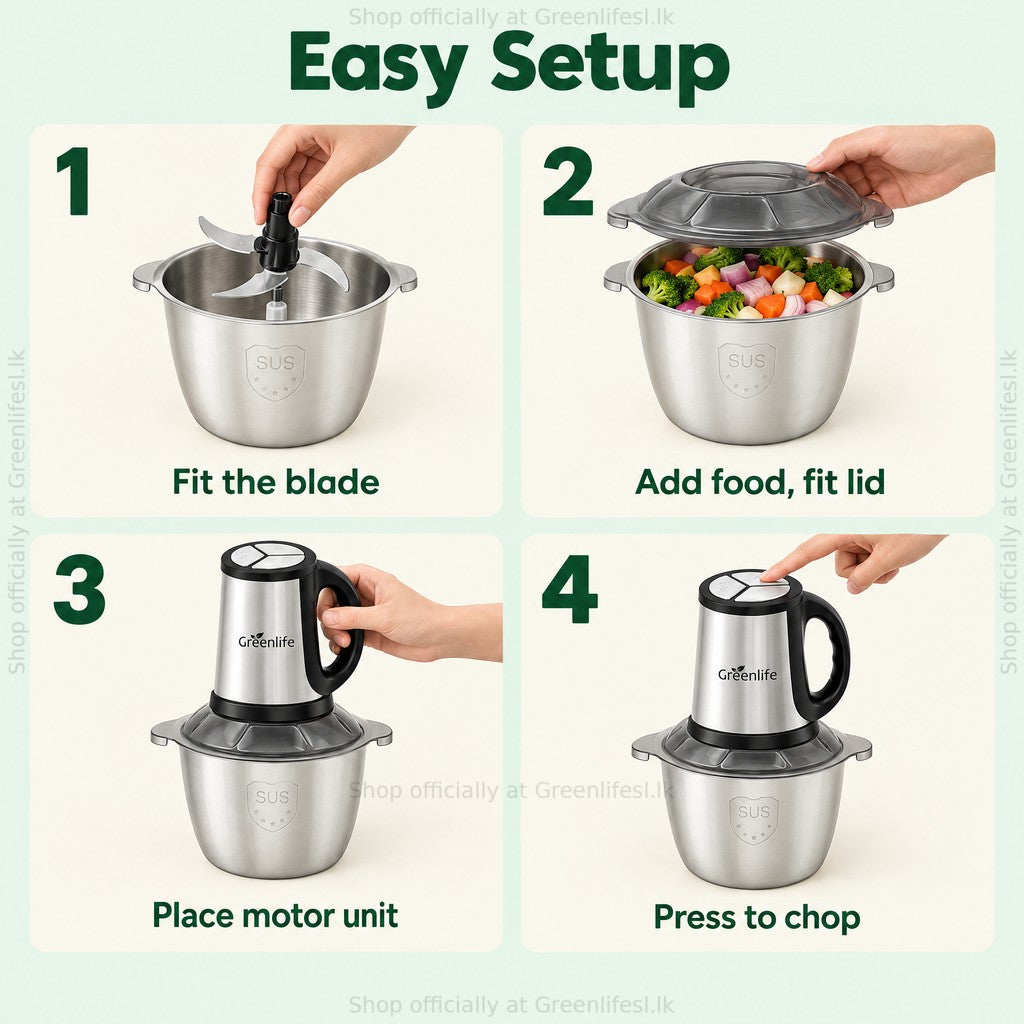 Greenlife 300W 3L electric food chopper setup: fit the blade, add food and lid, place motor unit, press to chop