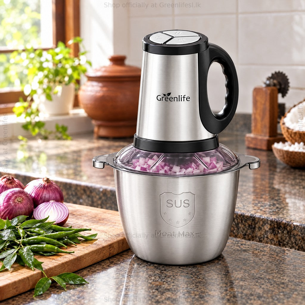 Greenlife 300W 3L electric food chopper with chopped onions on a home kitchen counter