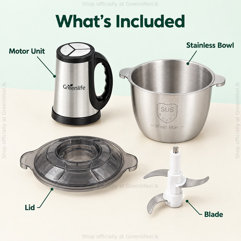 Greenlife 300W 3L electric food chopper, what's included: motor unit, stainless bowl, lid and blade