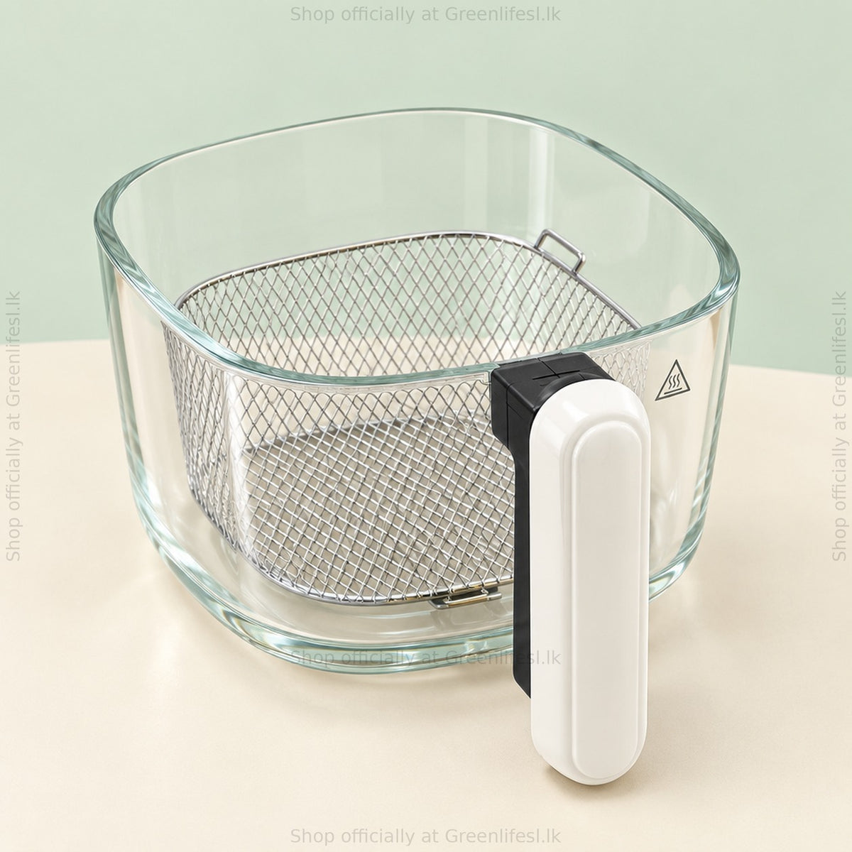 Greenlife air fryer square glass bowl with removable stainless steel mesh basket and white handle