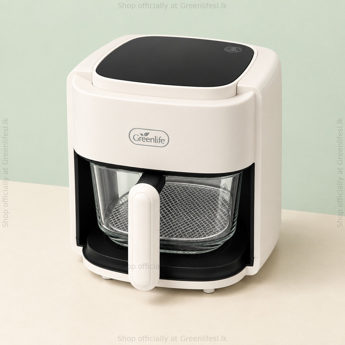 Greenlife 4.5L glass air fryer seen from above, showing the black glass touch panel on top
