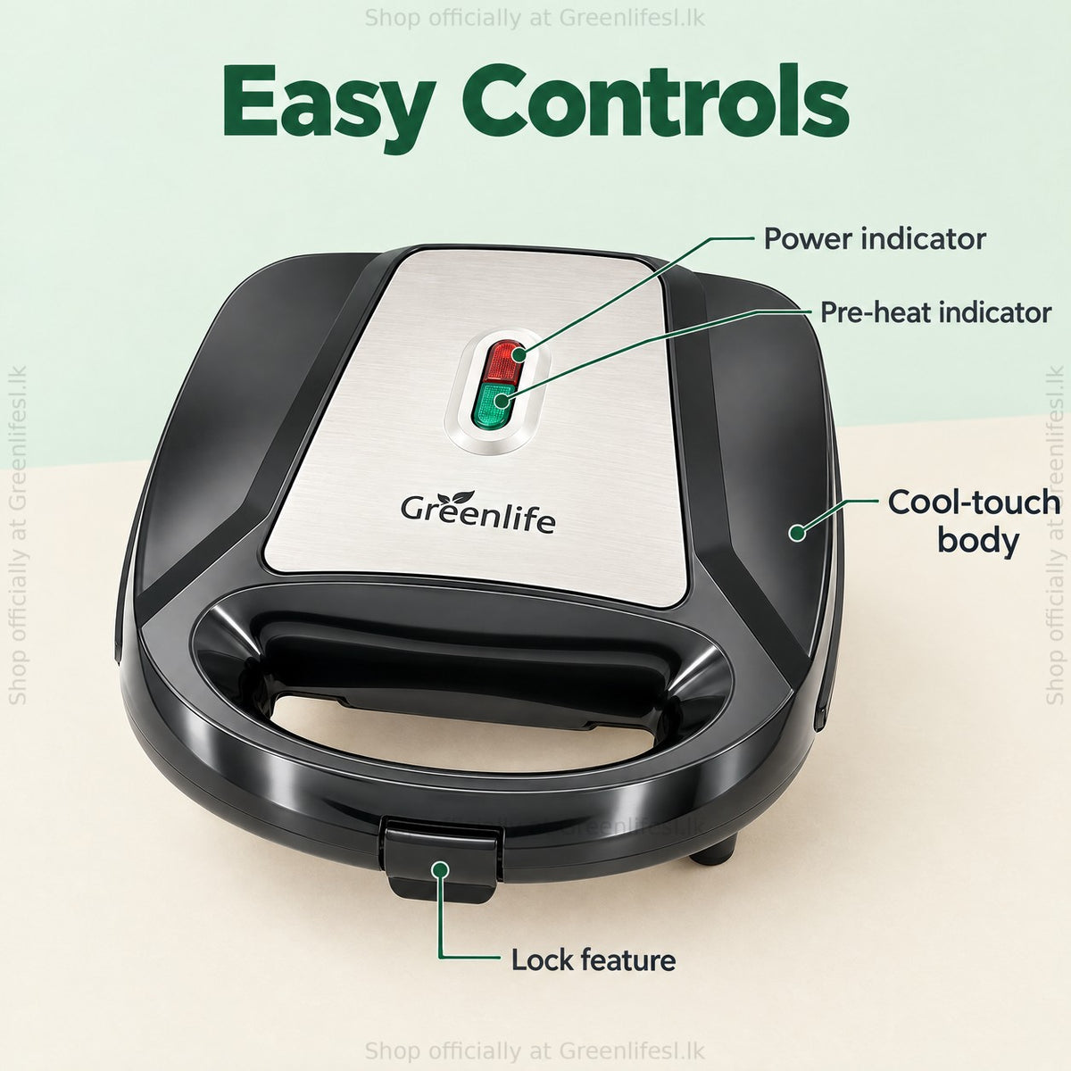 Greenlife 7-in-1 sandwich, waffle and donut maker controls: power and pre-heat indicators, cool-touch body, lock