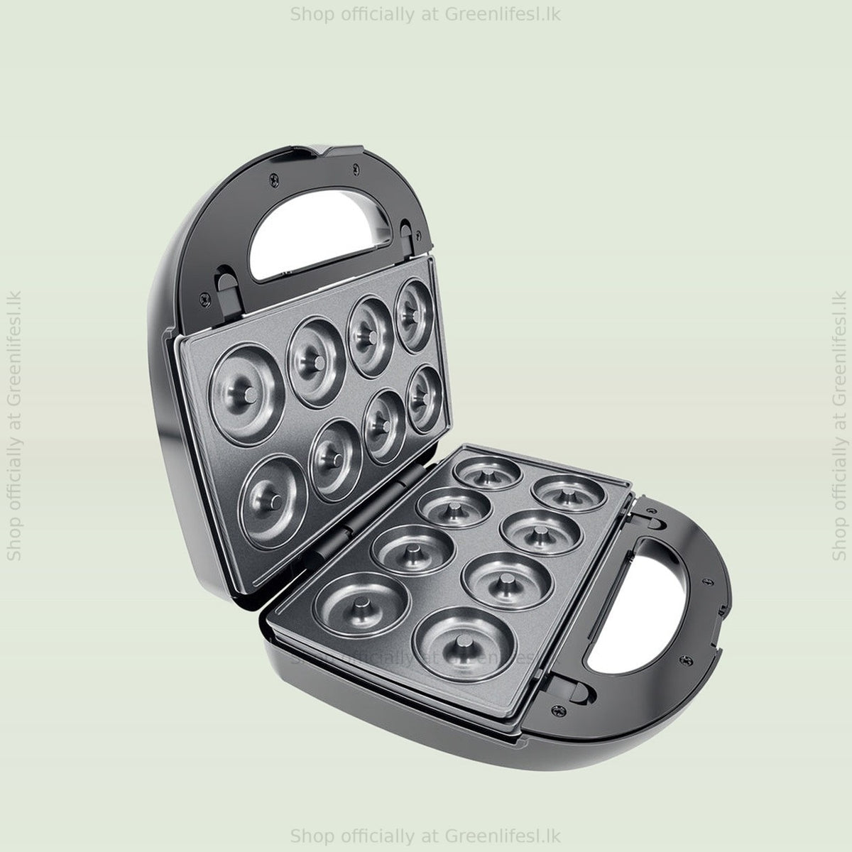 Greenlife 7-in-1 sandwich, waffle and donut maker open with donut plates fitted, 8 donut moulds