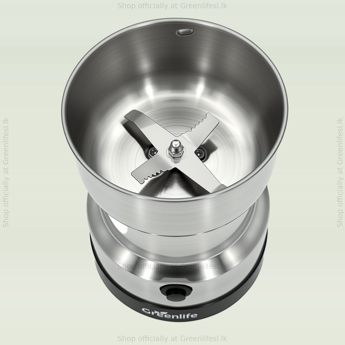 Top view into the Greenlife electric coffee and spice grinder 300W bowl showing the 4 stainless blades