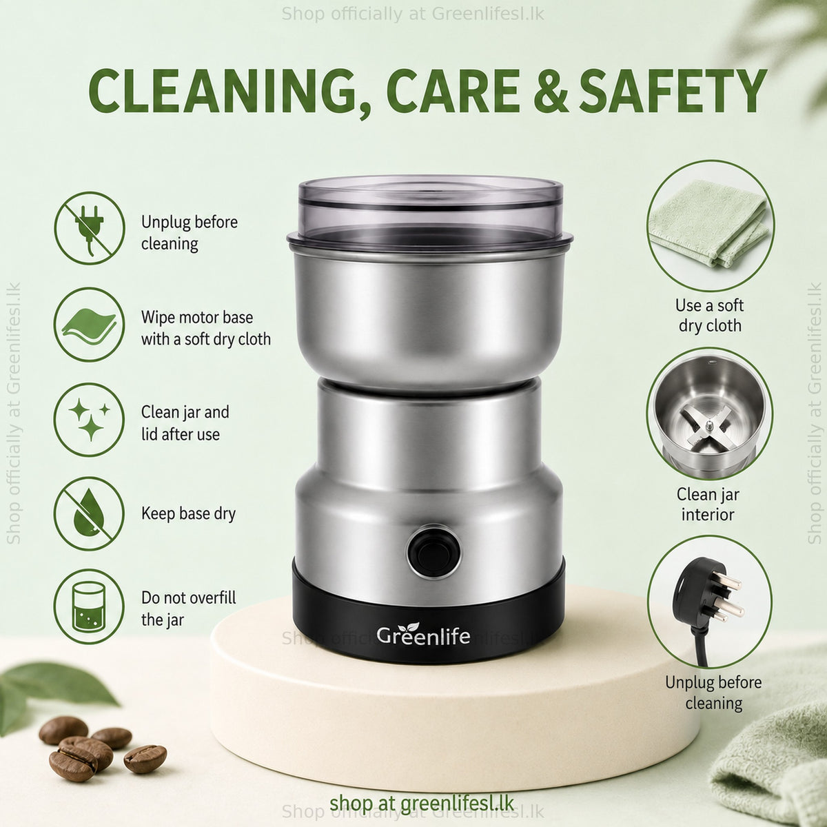 Greenlife electric coffee and spice grinder 300W care: unplug, wipe the base dry, clean the jar, do not overfill