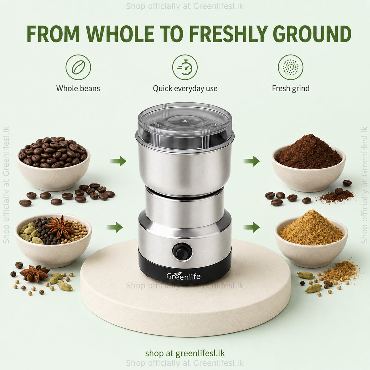 Greenlife electric coffee and spice grinder 300W turns whole coffee beans and spices into fresh ground powder