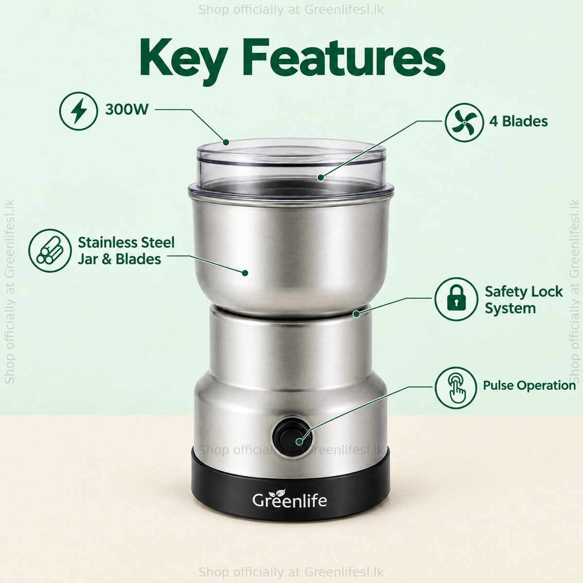 Greenlife electric coffee and spice grinder 300W features: 4 blades, stainless steel jar, safety lock, pulse operation