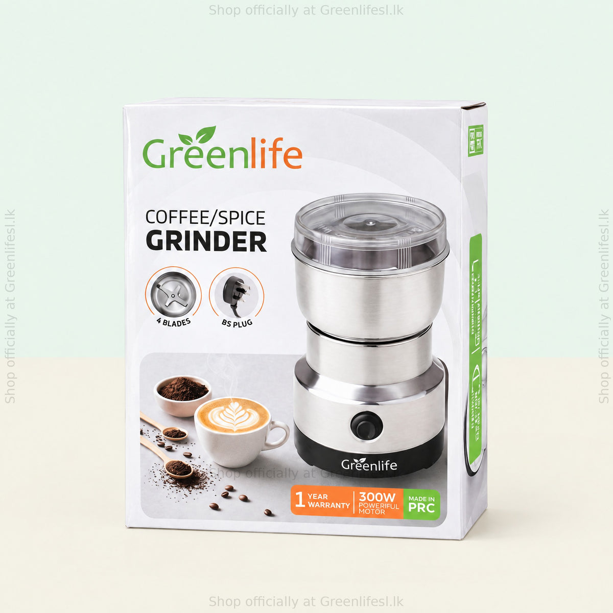 Greenlife electric coffee and spice grinder 300W retail box with 1 year warranty, 4 blades and BS plug