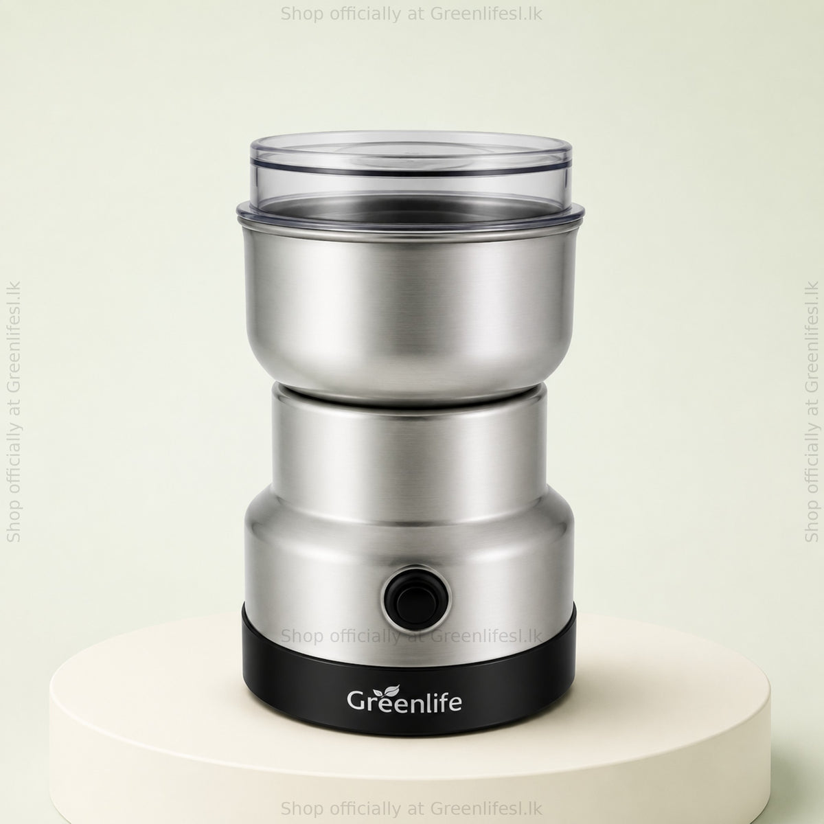 Greenlife electric coffee and spice grinder 300W with clear lid and stainless steel body, front view