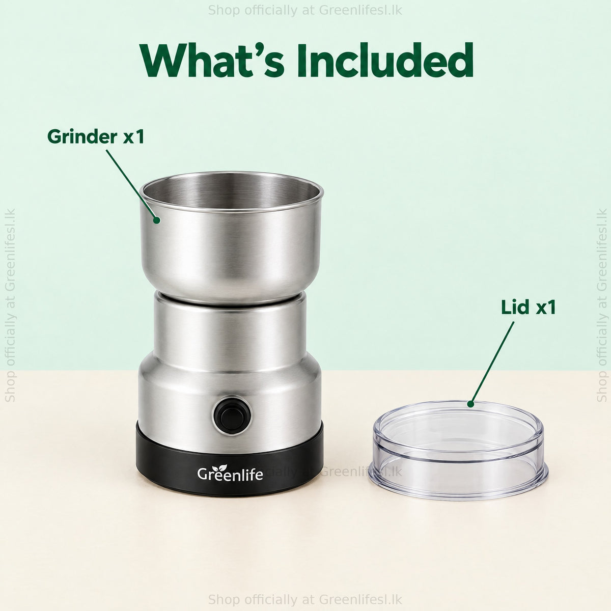 Greenlife electric coffee and spice grinder 300W, what's included: grinder and clear lid
