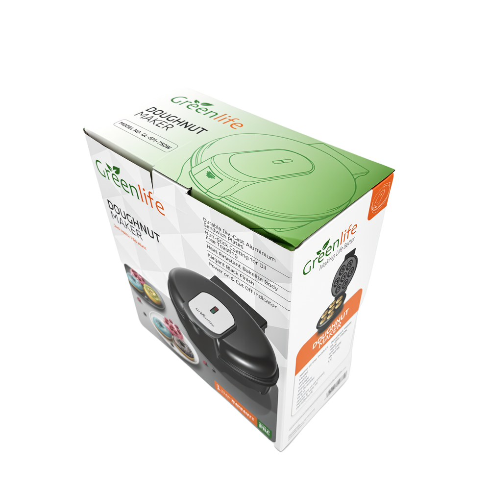 Retail packaging of the Greenlife Doughnut Maker showing the 1-year warranty logo.