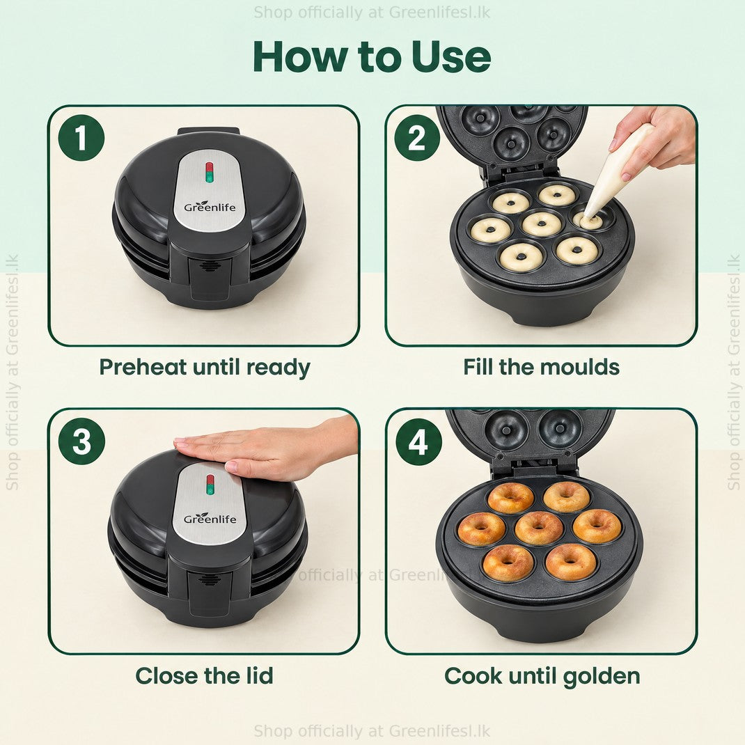 Greenlife electric doughnut maker 750W how to use: preheat, fill the moulds, close the lid, cook until golden
